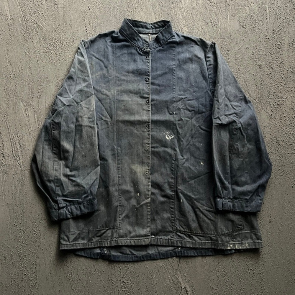Vintage Amish Denim Chore Jacket Medium Blue 1960s Workwear Distressed Paint